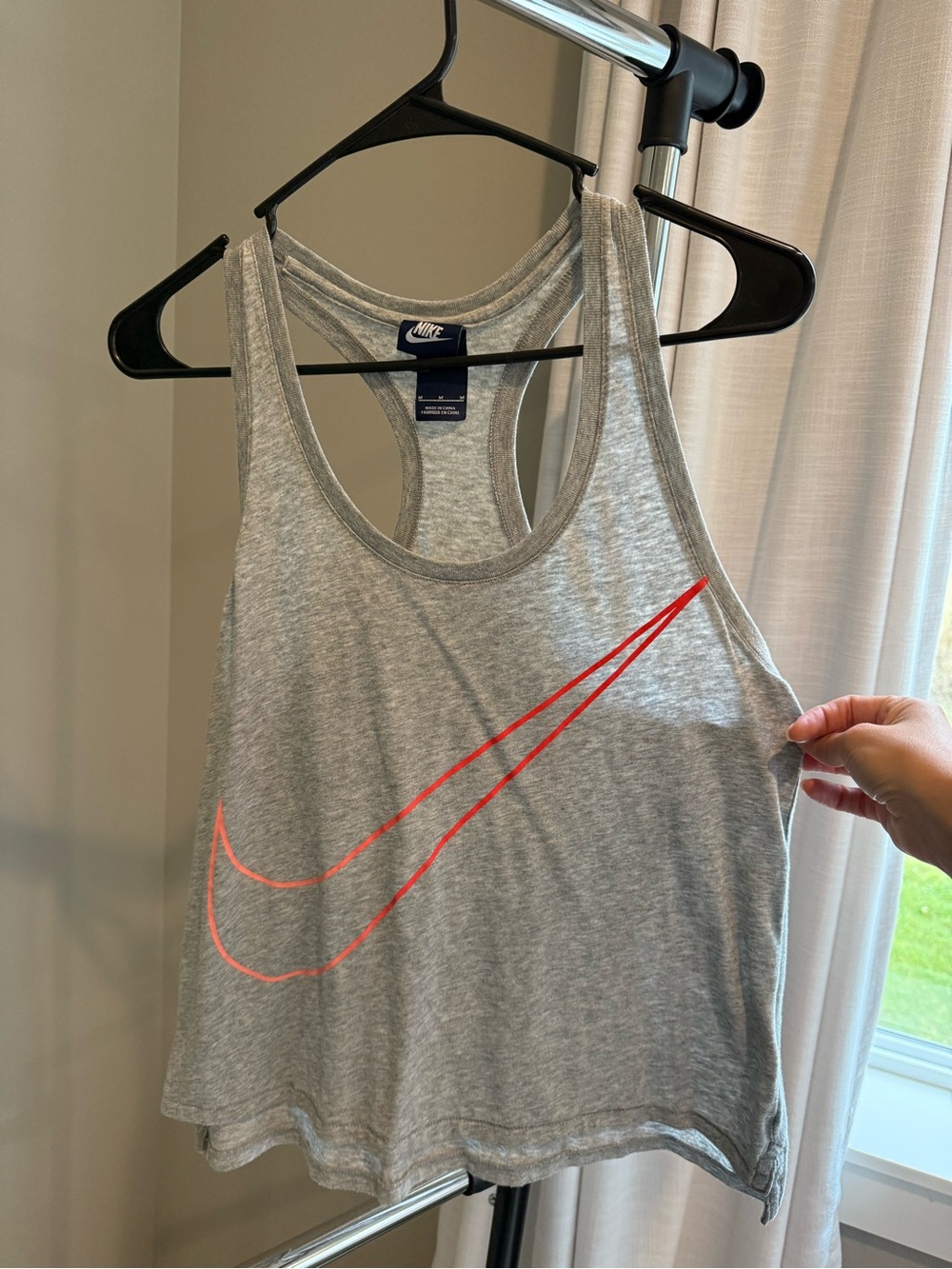 Nike Women's Light Gray Racerback Tank with Coral Swoosh